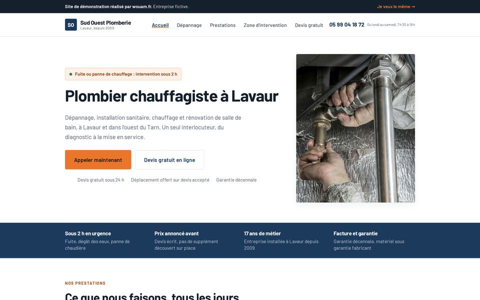 Capture du site de démonstration Sud Ouest Plomberie