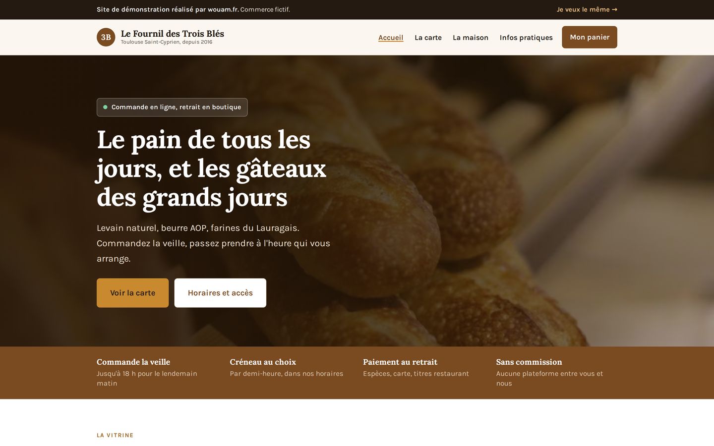 Page d'accueil du site de démonstration Le Fournil des Trois Blés