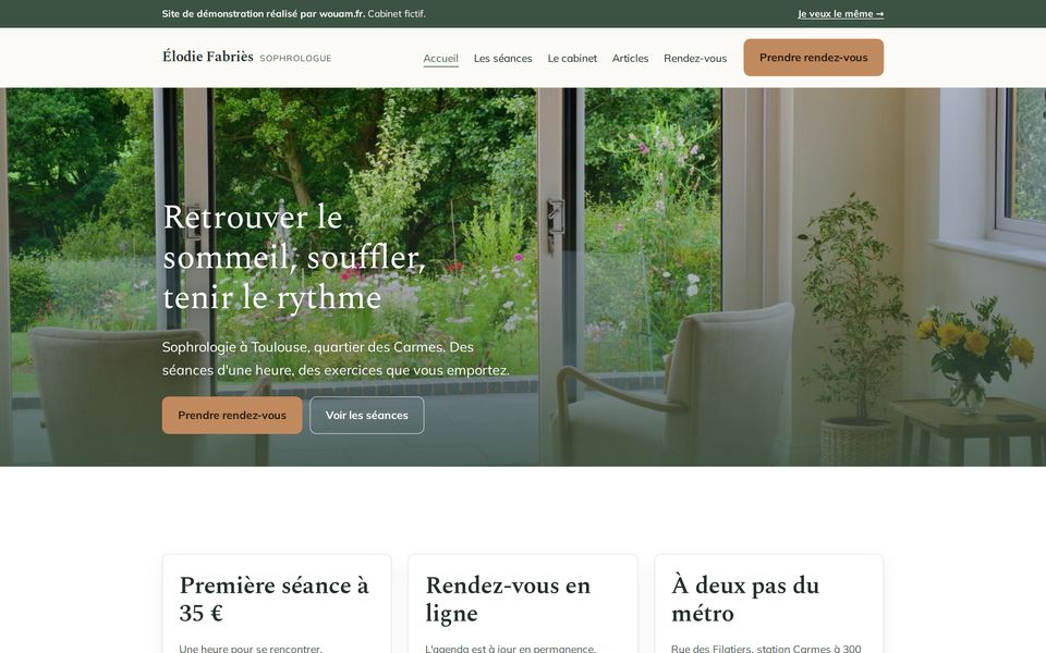 Capture du site de démonstration Élodie Fabriès, sophrologue