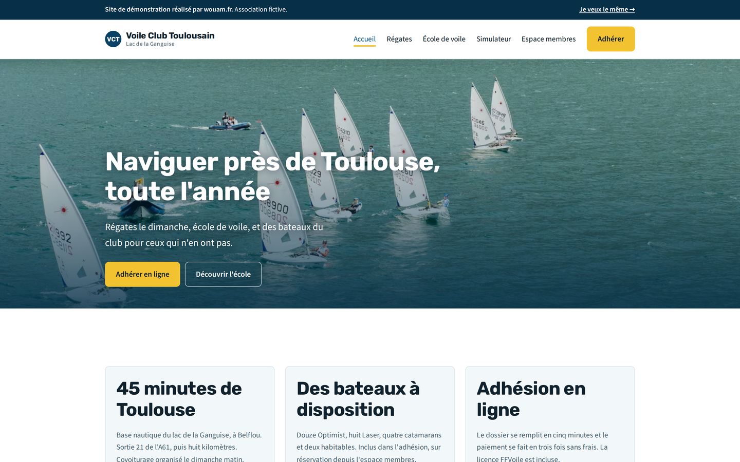 Page d'accueil du site de démonstration Voile Club Toulousain
