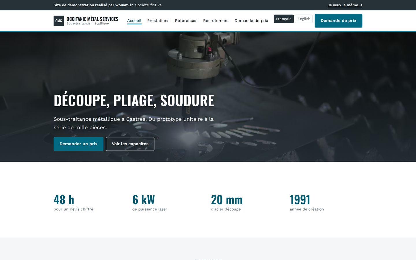 Page d'accueil du site de démonstration Occitanie Métal Services
