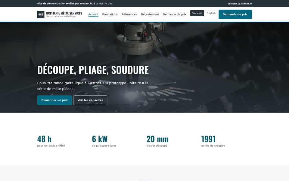 Capture du site de démonstration Occitanie Métal Services