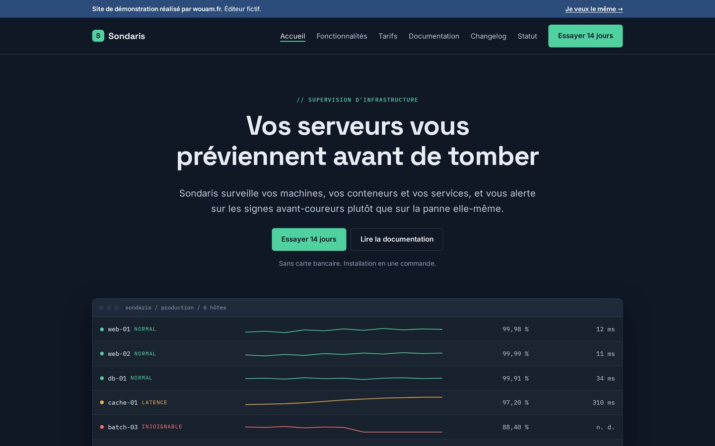 Page d'accueil du site de démonstration Sondaris, supervision d'infra