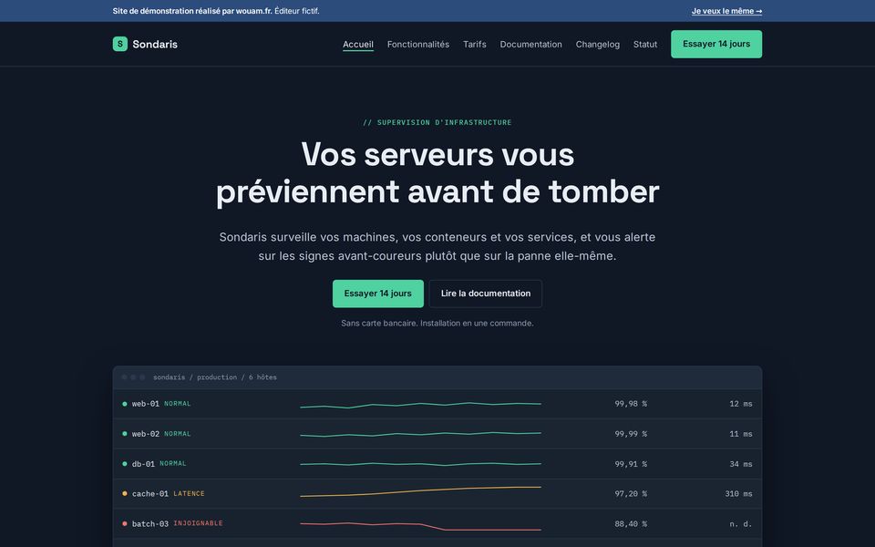 Capture du site de démonstration Sondaris, supervision d'infra